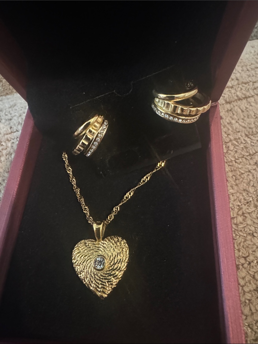 Gold Heart Pendant Necklace with Matching Gold Earrings
